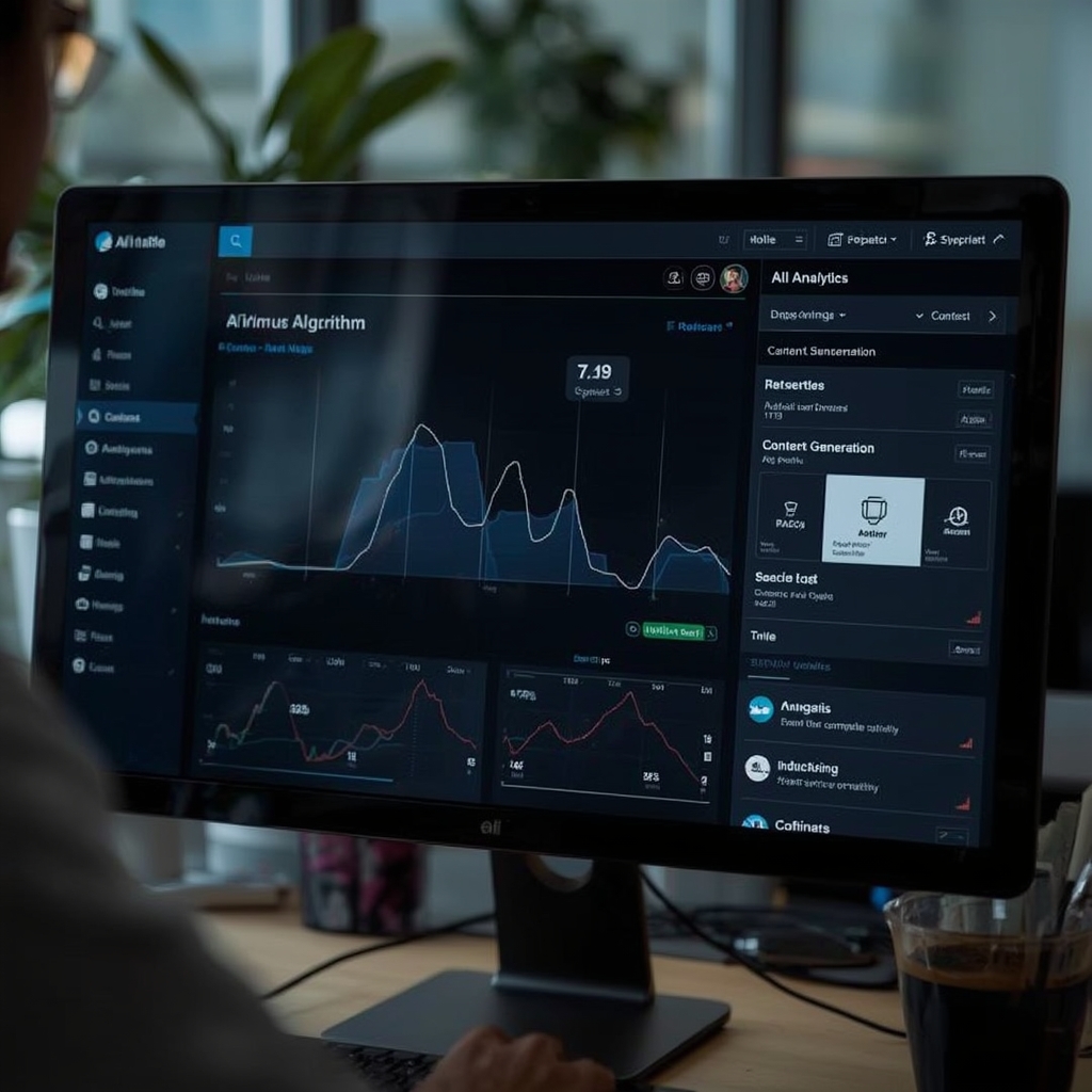 revolutionizing - sophisticated AI algorithm interface on a computer screen, showing data analytics and content generation op