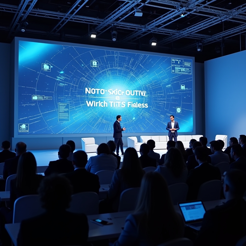 revolutionizing - futuristic brand engagement conference with a focus on AI-driven video technology, featuring high-tech disp
