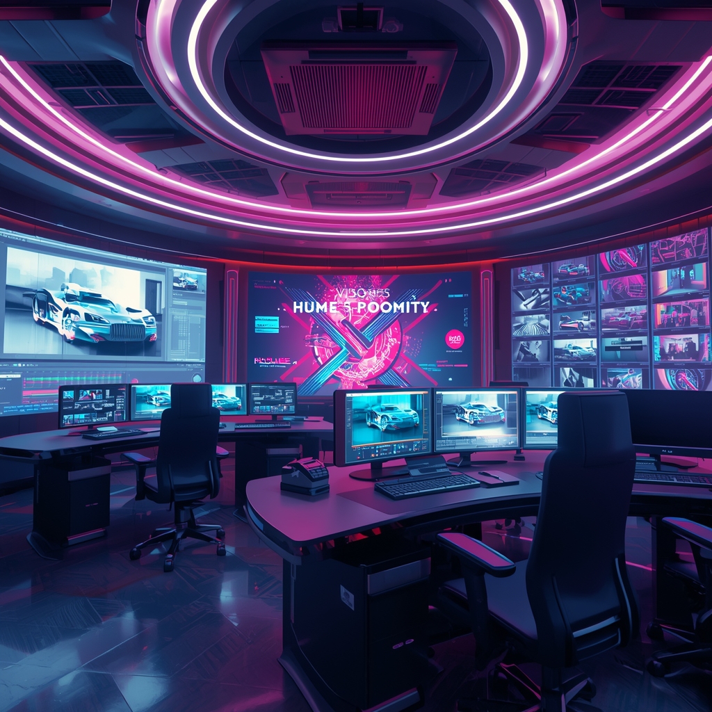 futuristic AI control room with multiple screens displaying video editing software, dynamic light effects, modern sleek design, high-tech ambiance