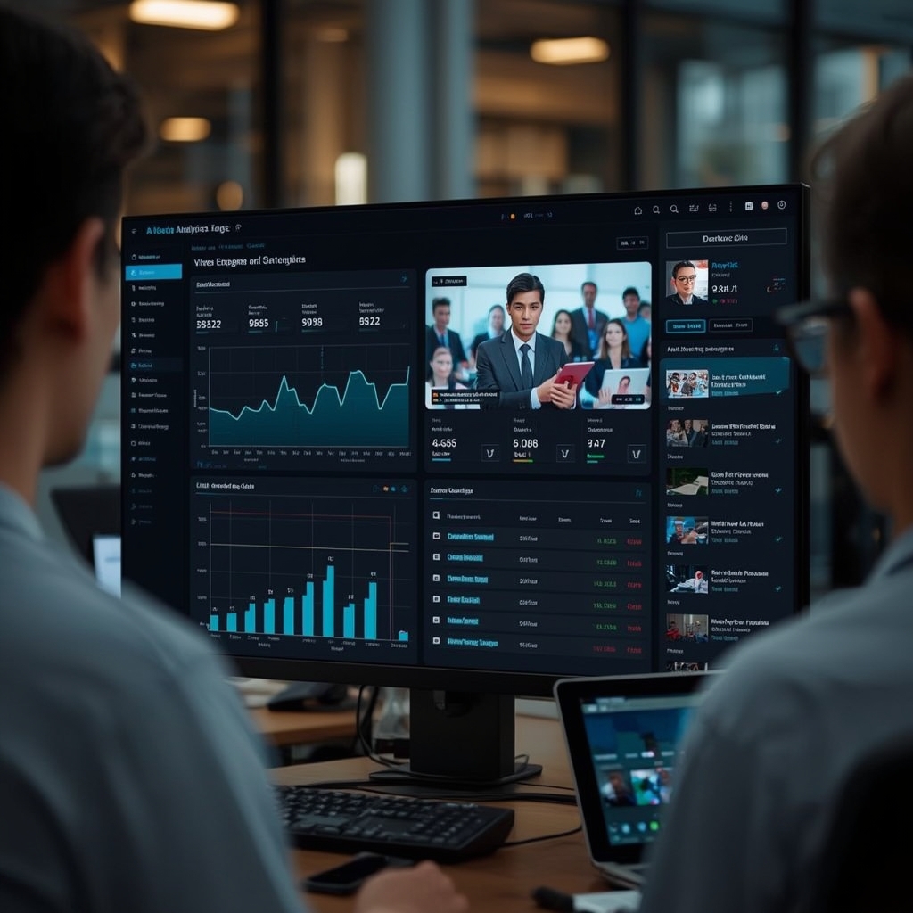 revolutionizing - AI video analytics dashboard showing real-time viewer engagement and demographic statistics, sleek user int