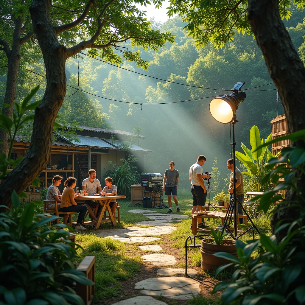 revolutionizing - highly detailed scene of a sustainable video production set, solar panels powering cameras and lights, crew