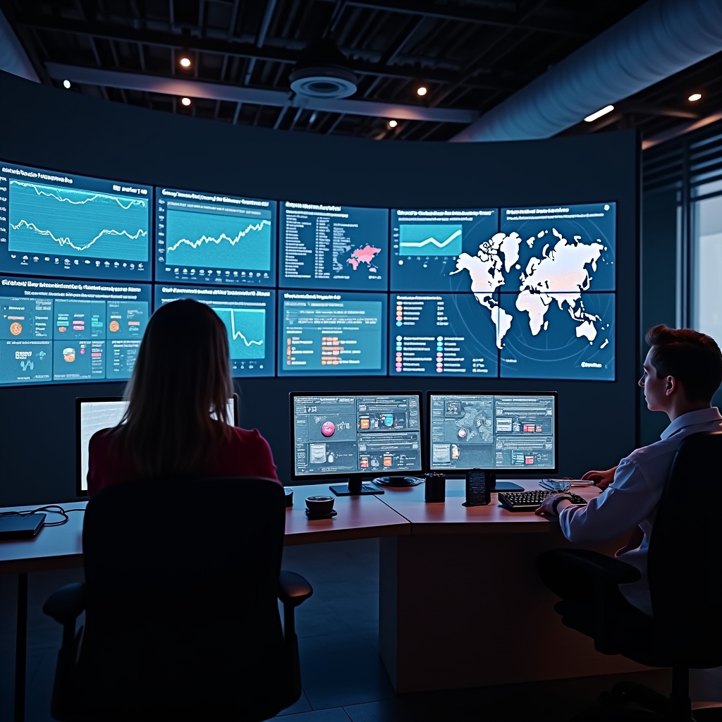 A futuristic control room with multiple screens displaying AI-driven video analytics, showing graphs, audience demographics, and real-time engagement data, with a diverse team of professionals monitoring and discussing the results, in a sleek, modern office environment with ambient lighting