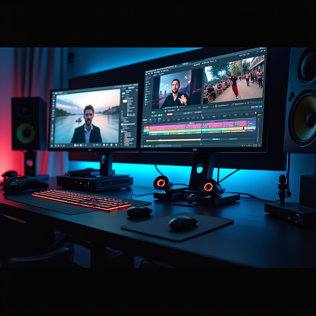 revolutionizing - A dynamic video editing suite showing AI tools automatically adjusting color grading and editing scenes bas