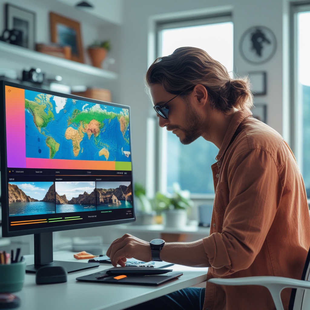 revolutionizing - An influencer reviewing travel footage on a high-resolution display, with AI analytics suggesting optimal v