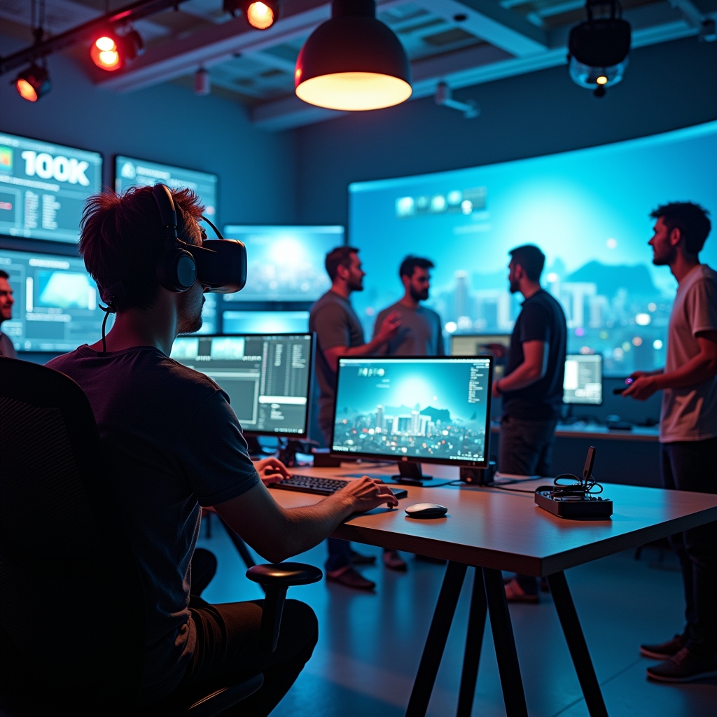 A high-tech video production studio filled with advanced AI computers and virtual reality equipment, showcasing a diverse team of creators using AI filmmaking tools, in a brightly lit, modern environment