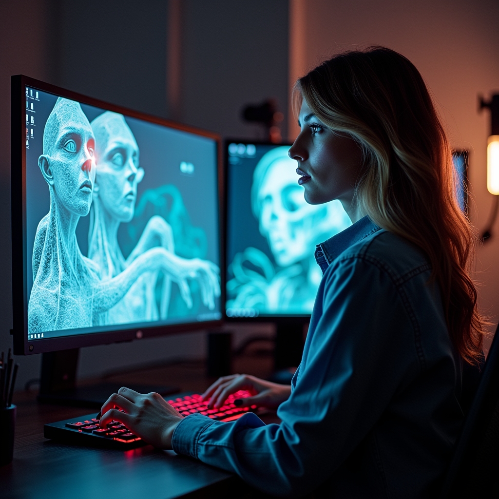 unlocking - An artist using an advanced AI tool on a computer to generate realistic 3D models for a video, in a creative stud