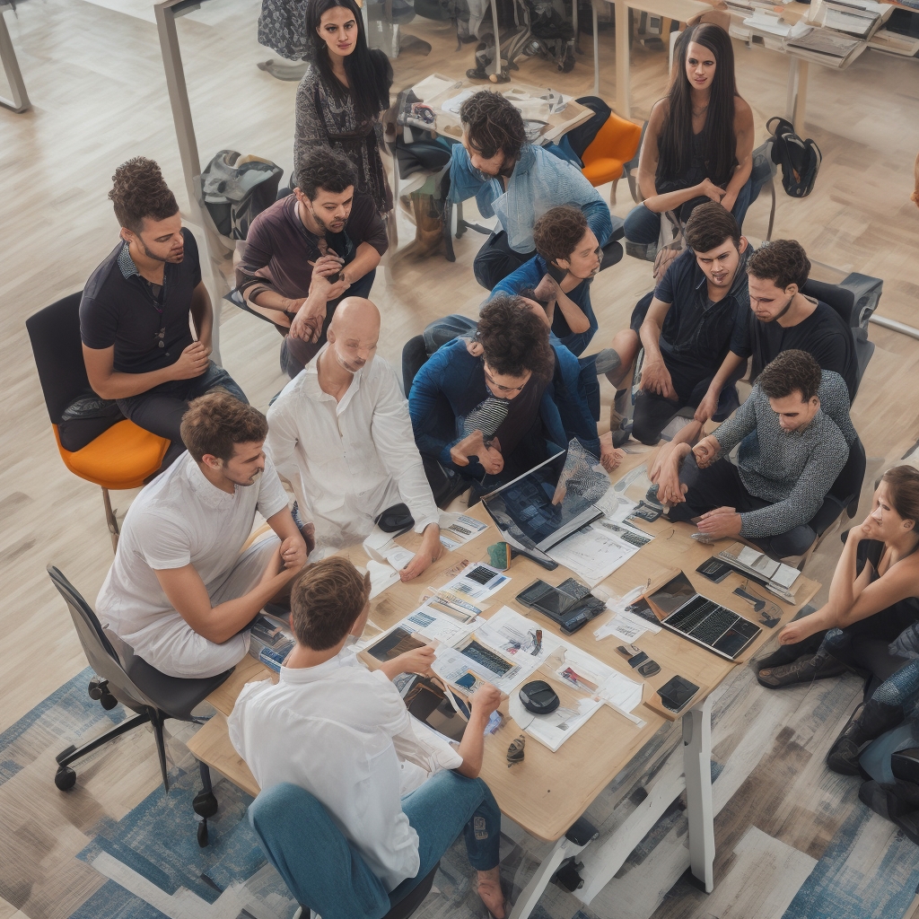 unlocking - A group of young filmmakers discussing over a storyboard, using a tablet displaying AI video analytics, in a vibr