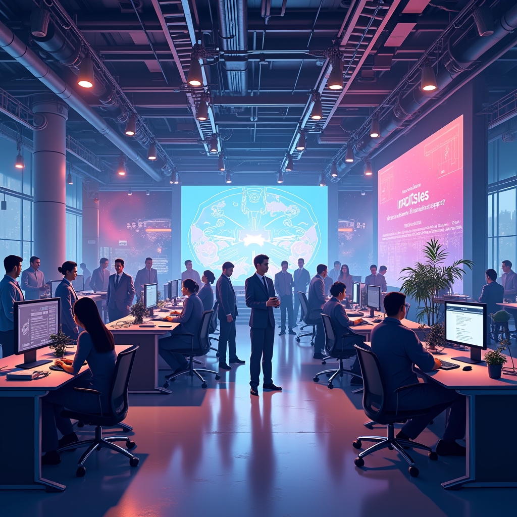 A high-tech video production studio bustling with activity, showcasing advanced AI-driven equipment and diverse professionals engaging with state-of-the-art technology, vivid colors, dynamic movement