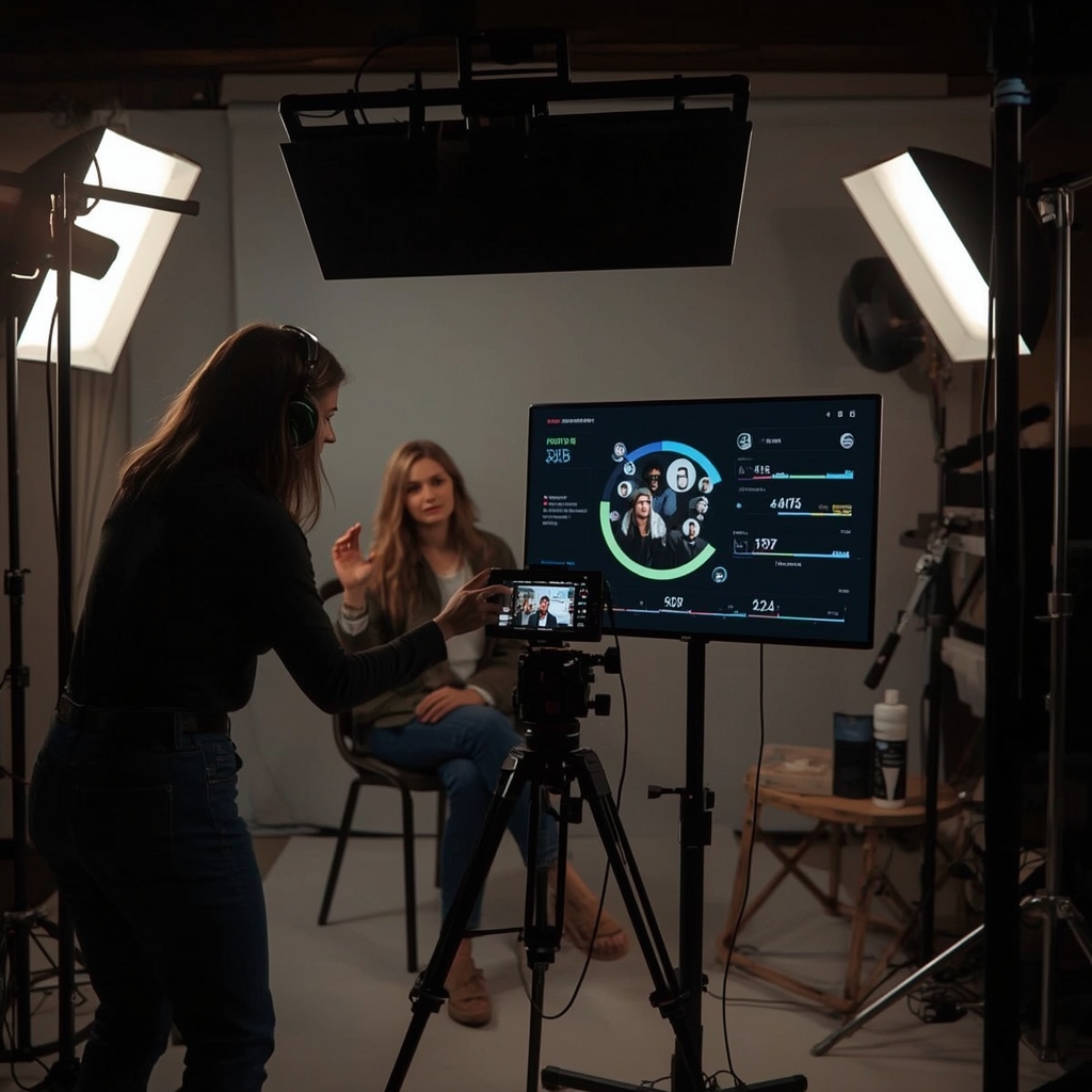 unlock - An influencer creating content in a well-lit studio, surrounded by advanced filming equipment, interacting with an A