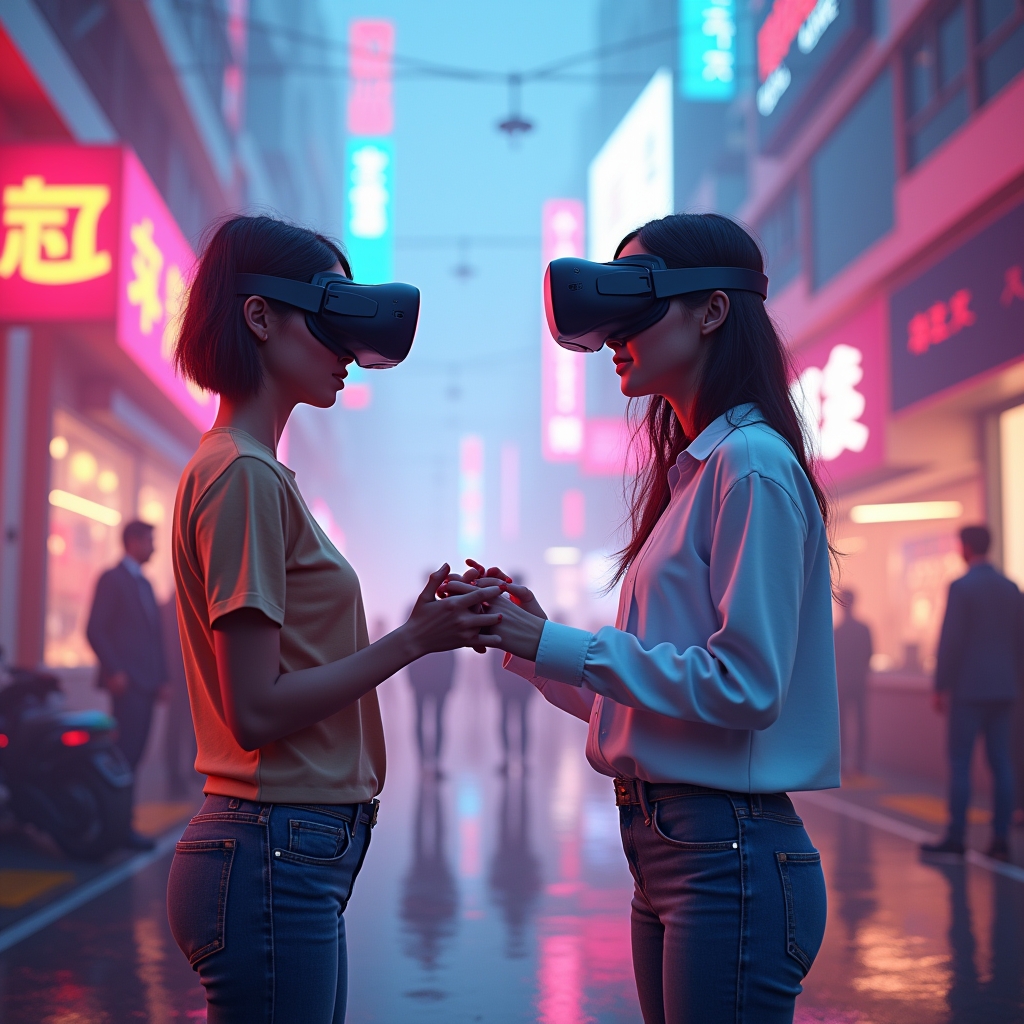 unlock - Futuristic virtual reality experience with highly realistic avatars interacting in a digitally created world, showca