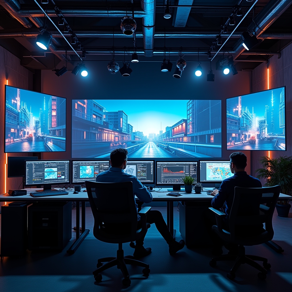 A modern video production studio filled with advanced AI equipment, showcasing large screens displaying AI software in action, with professionals engaged in editing and animating, ambient lighting, high-tech atmosphere
