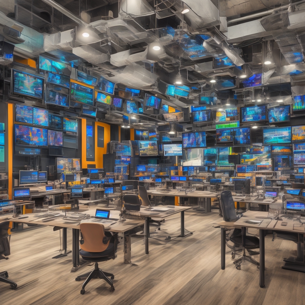 unlocking - Post-production suite with multiple screens displaying advanced AI editing software, editors using intuitive AI t