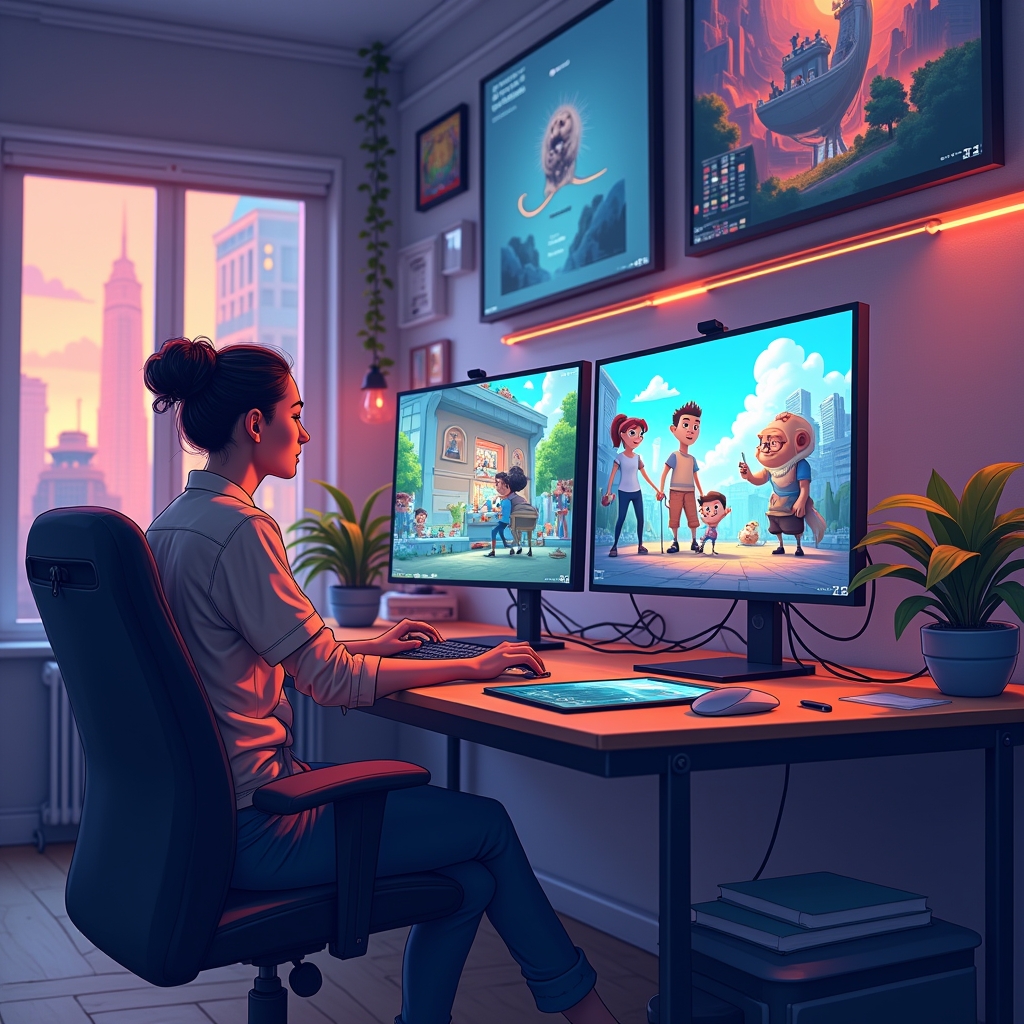 unlocking - Animation studio using AI-driven software, animators crafting detailed and complex animations on advanced worksta