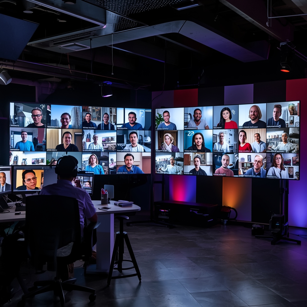 A creative studio with multiple screens displaying AI-generated video content, showcasing diverse demographics and personalized elements, vibrant and engaging, high-tech environment