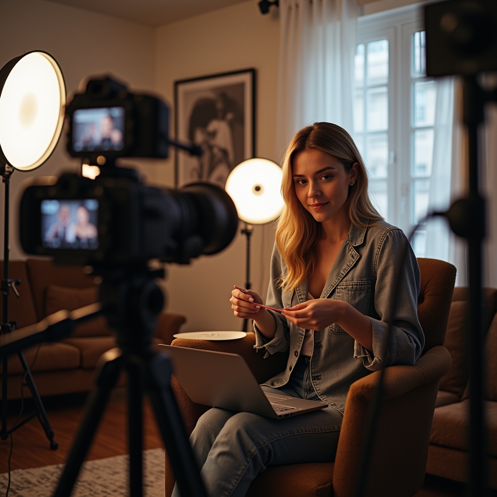 revolutionizing - Influencer creating personalized content in a stylish, modern home studio, surrounded by advanced filming e