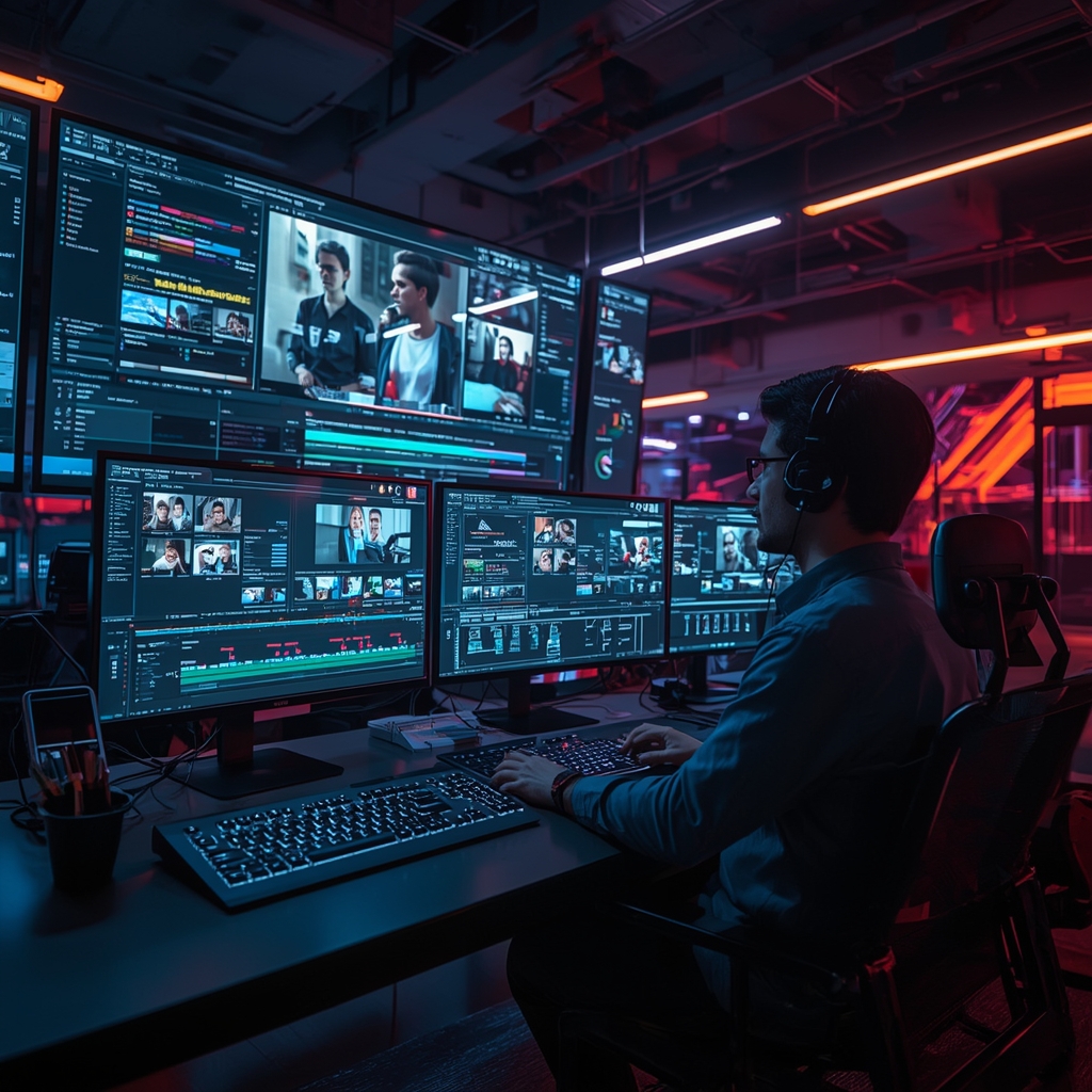 revolutionizing - Futuristic AI technology interface with holographic displays showing advanced video editing tools, vibrant