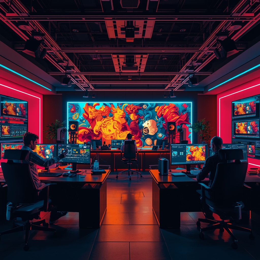 a high-tech video production studio filled with advanced AI tools and screens displaying 3D video editing software, vibrant colors, modern design, a creative team actively engaging with the technology