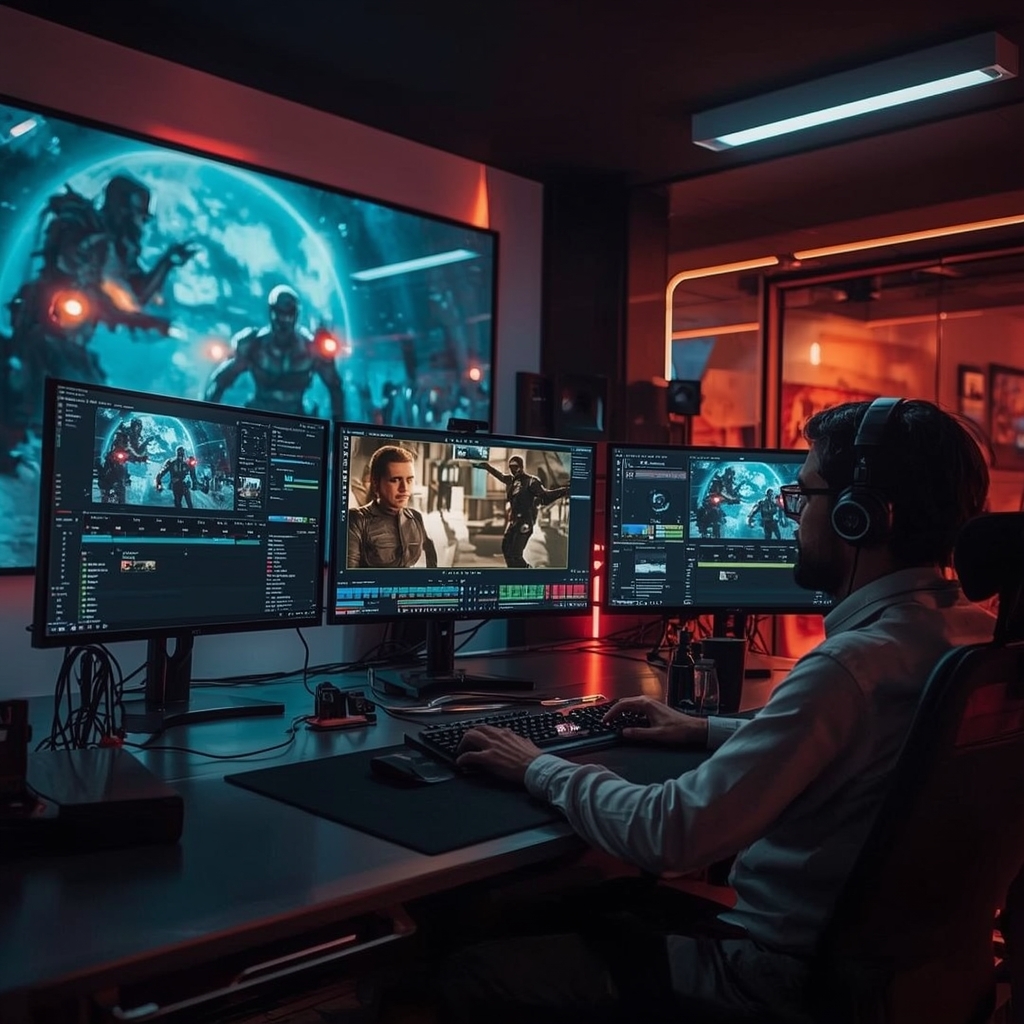 revolutionizing - dynamic video editing suite showing real-time rendering of special effects on a sci-fi movie scene, futuris