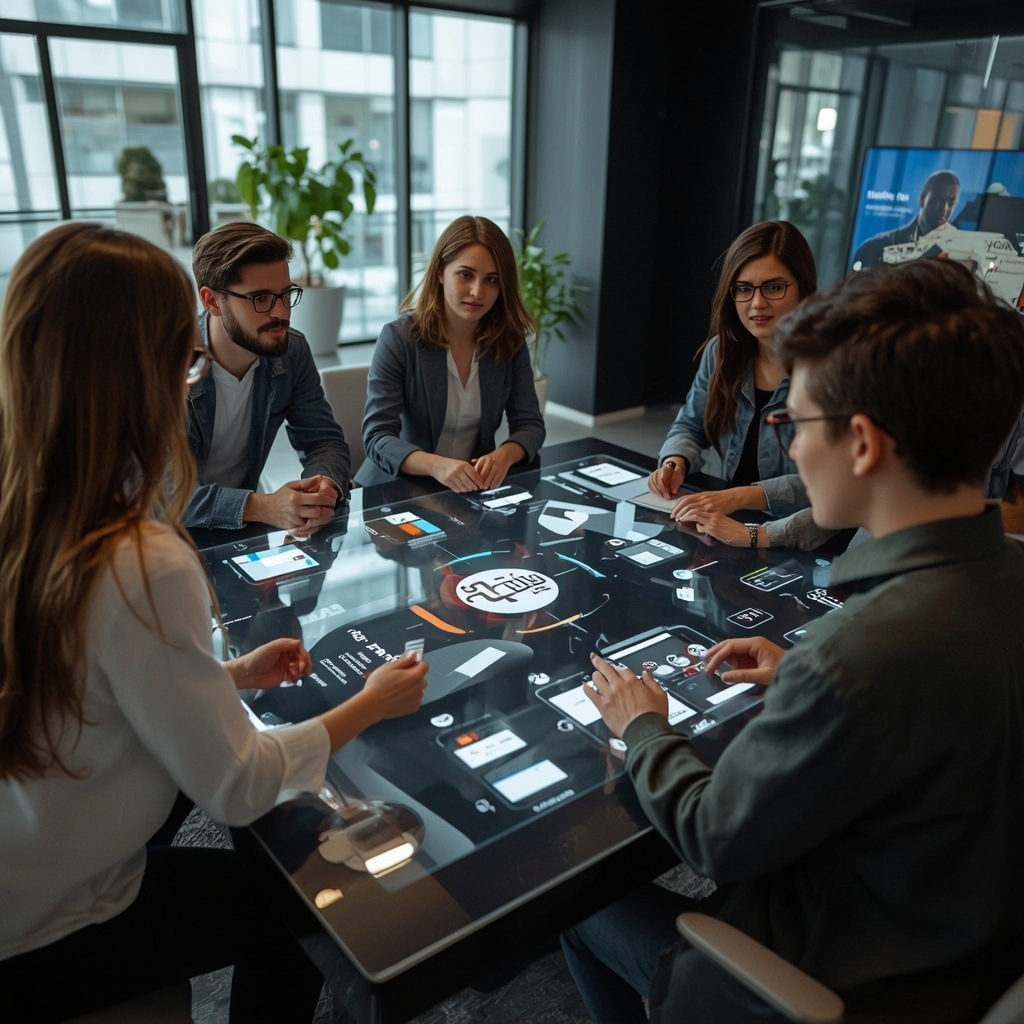revolutionizing - creative team brainstorming around a digital table with interactive AI interfaces, displaying various video