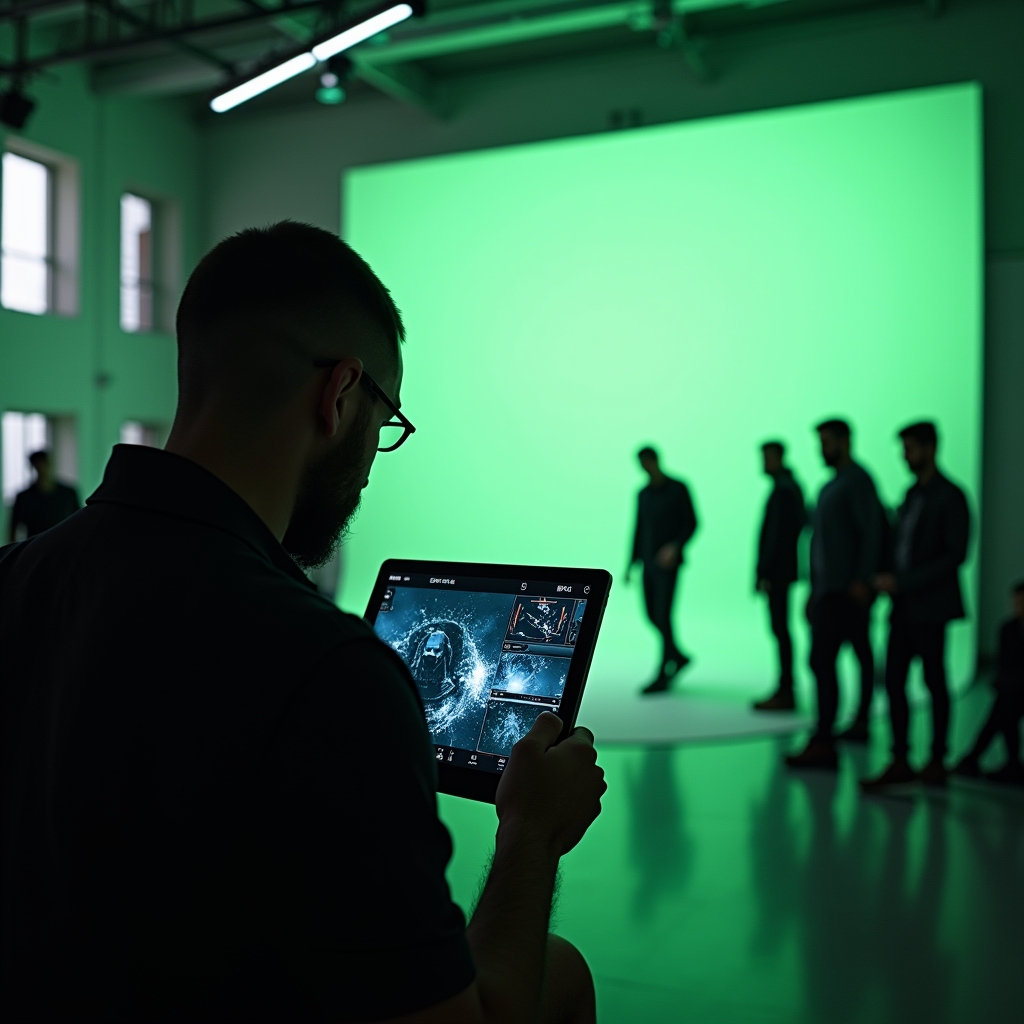 A film set in 2026 showcasing a director using advanced AI tools on a tablet, visual effects being applied in real-time to a green screen scene with actors, the environment bustling yet focused, with a futuristic, sleek design