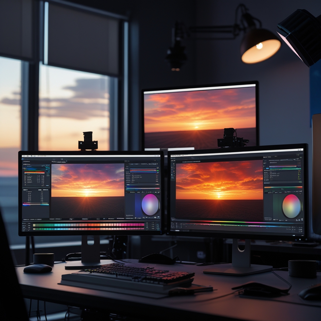 unveiling - A post-production studio featuring dual monitors displaying color grading software with AI capabilities, the envi