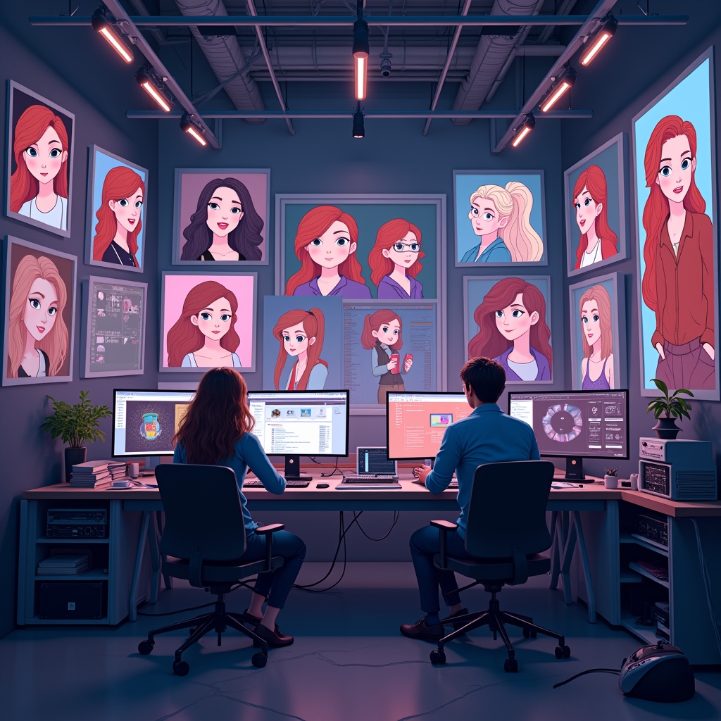 unveiling - Animation studio in 2026 with artists using AI tools to automate keyframes and facial expressions, screens displa