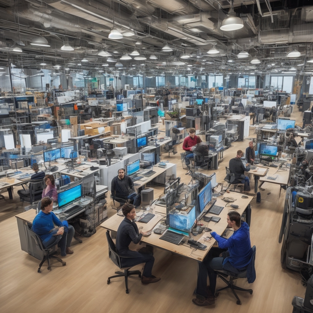 A bustling creative studio where diverse teams collaboratively use AI video generation tools on advanced computers, displaying vibrant, engaging video content on screens, reflecting a modern, high-tech environment