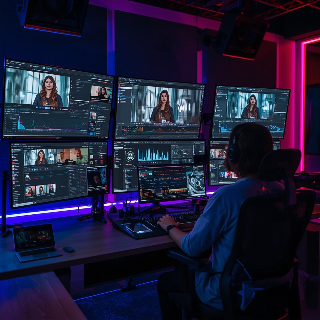 dynamic video editing suite showcasing AI tools in action, multiple screens displaying data analytics and content personalization, modern and high-tech environment, vibrant colors