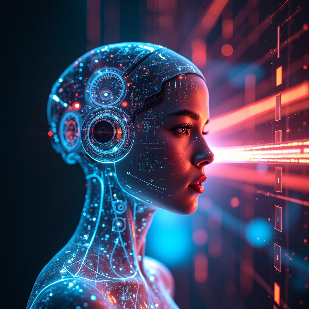 unlock - futuristic AI visual effects process, screen showing 3D model animation, vibrant laser and light effects, high detai