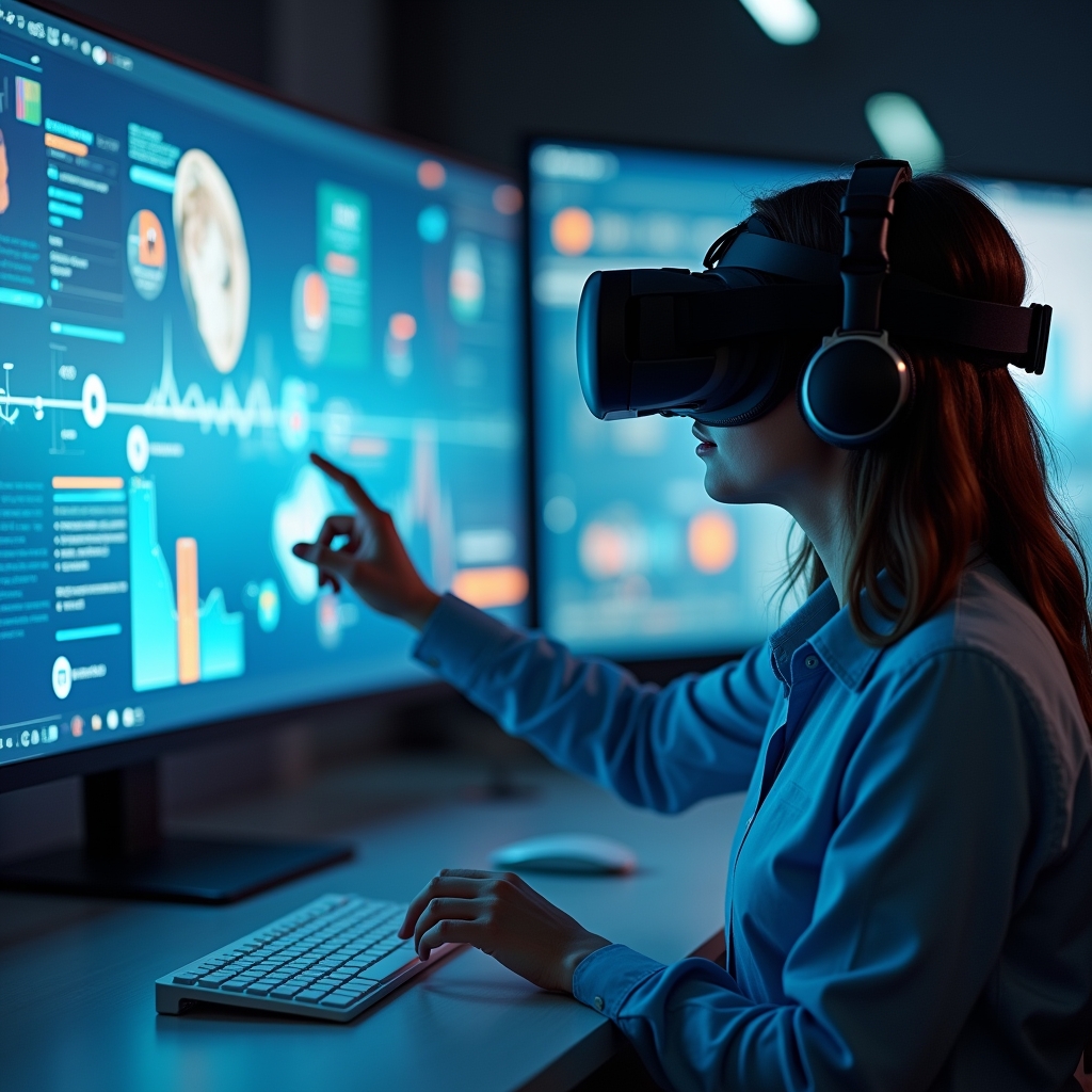 unlock - interactive video content on a virtual reality headset, user selecting options, immersive digital environment, high