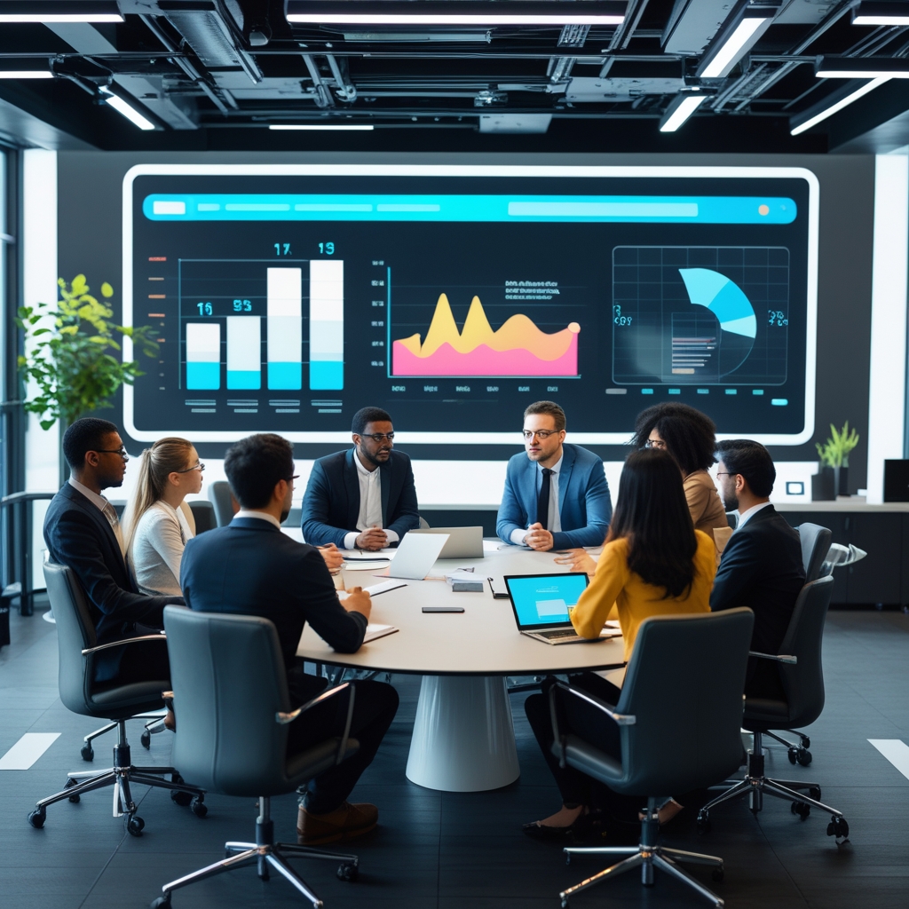 Futuristic digital marketing meeting with diverse team discussing AI video generation tools, large digital screen displaying graphs and AI concepts, modern, sleek office environment, high-tech ambiance