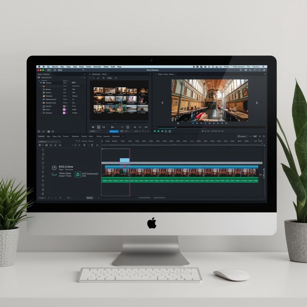 boost - AI-powered video editing software interface on a computer screen, showing automated editing tools and timeline, moder