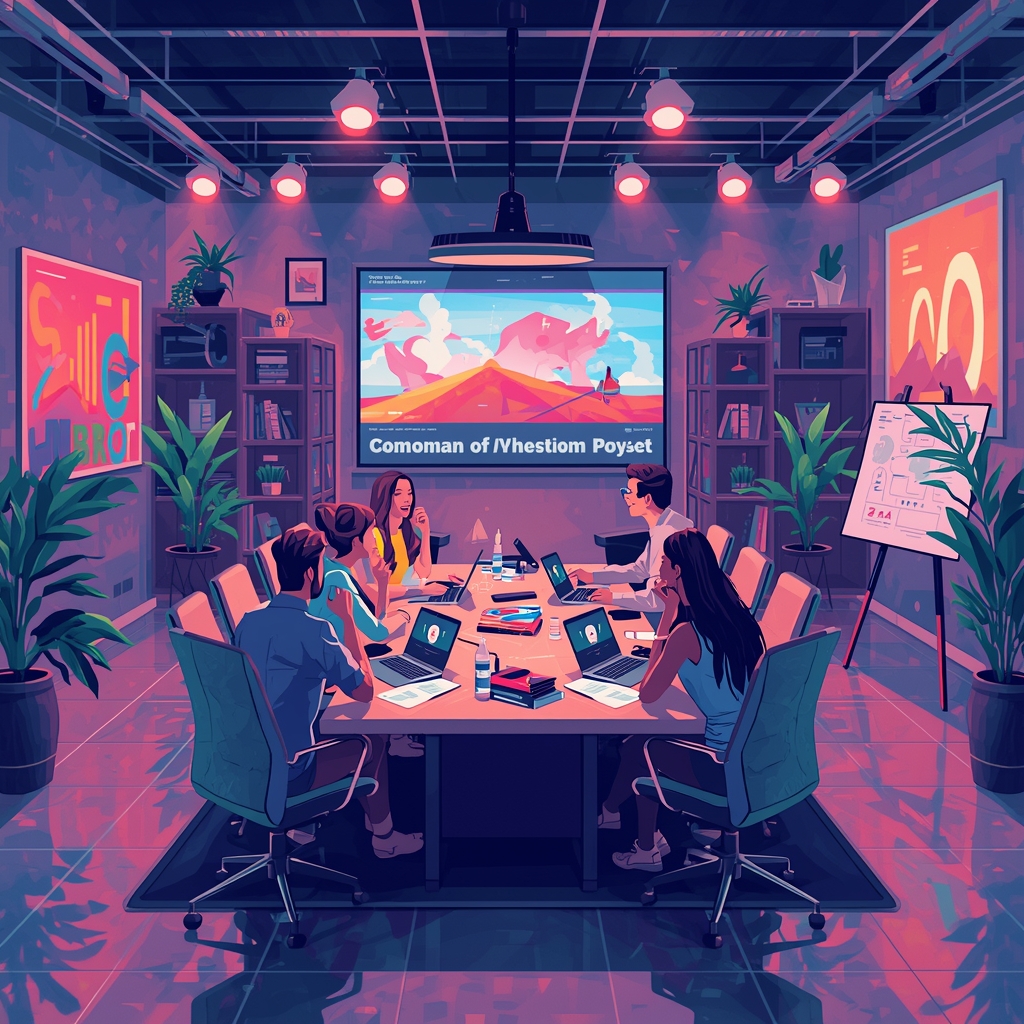 boost - Creative video production team brainstorming ideas around a modern conference table, vibrant and artistic studio spac