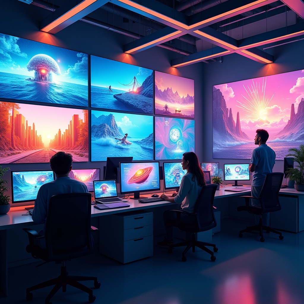 futuristic digital marketing office with multiple screens displaying AI-generated video content, vibrant visuals, dynamic animations, modern furniture, and a diverse team of creatives collaborating, ultra realistic, 8k quality