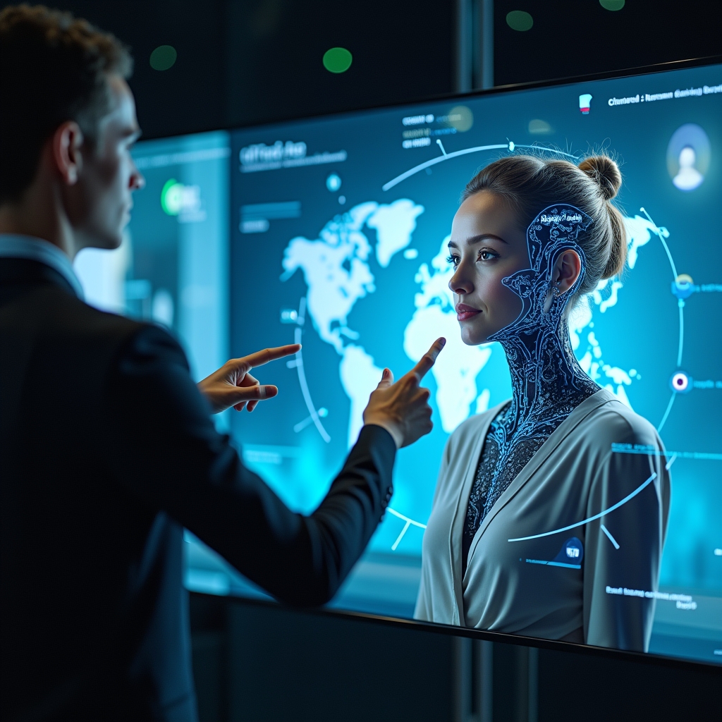 revolutionizing - interactive AI video advertisement featuring a virtual influencer, ultra-realistic virtual environment, vie