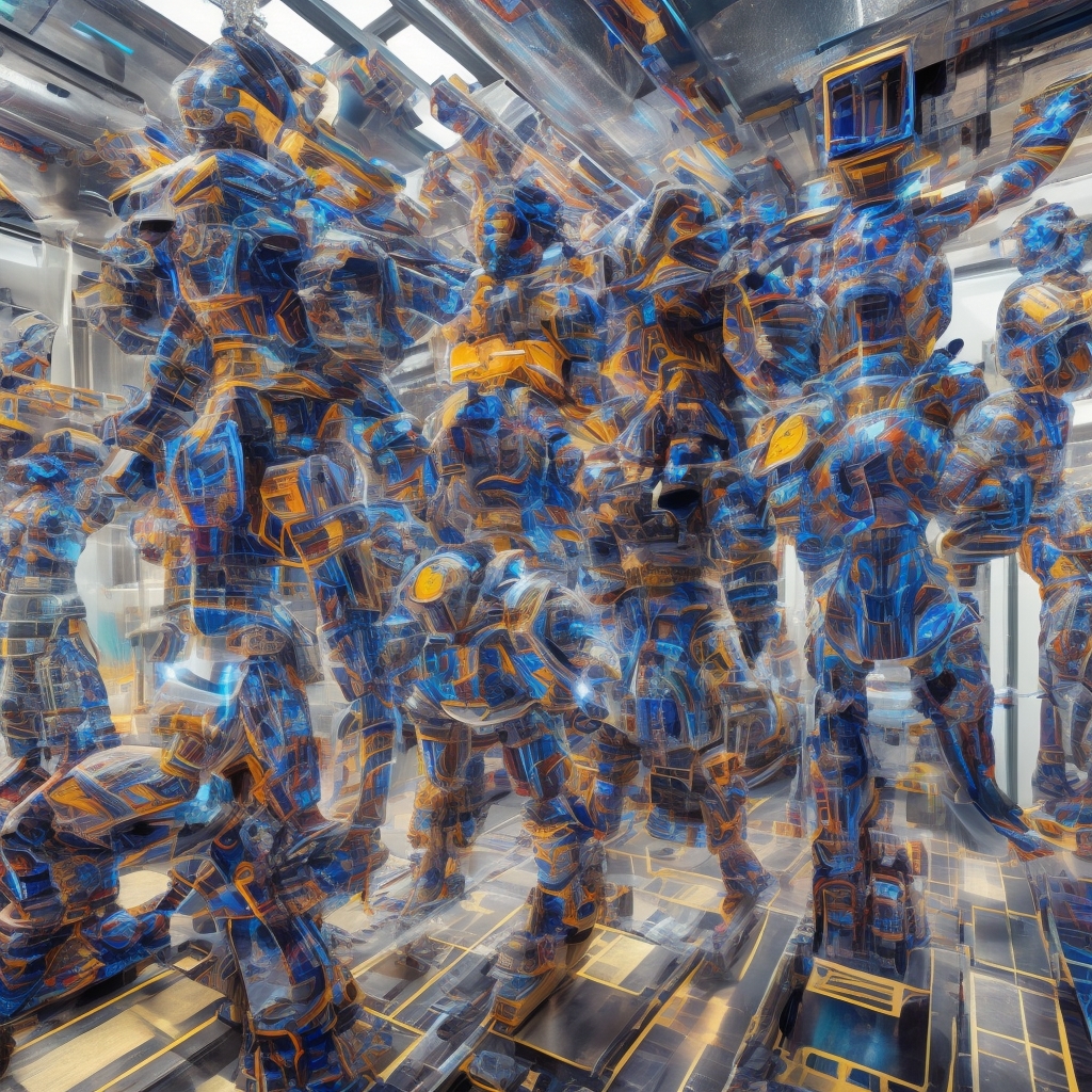 a futuristic AI video creation studio filled with advanced technologies, screens displaying 3D modeling and video editing software, a diverse group of creatives collaborating seamlessly, high-tech, vibrant, and dynamic atmosphere