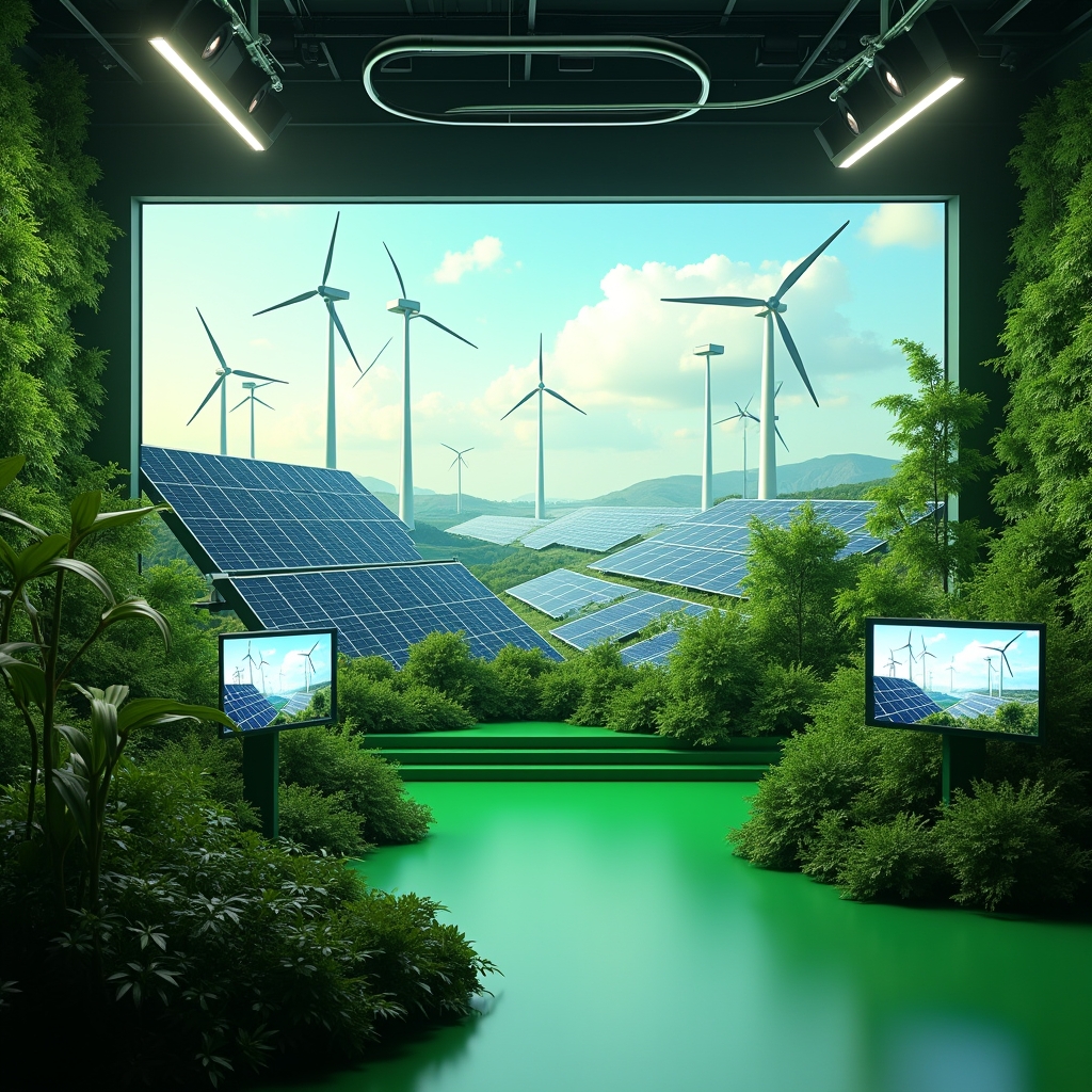 revolutionizing - conceptual image of a green, sustainable AI video production environment, showing solar panels, wind turbin