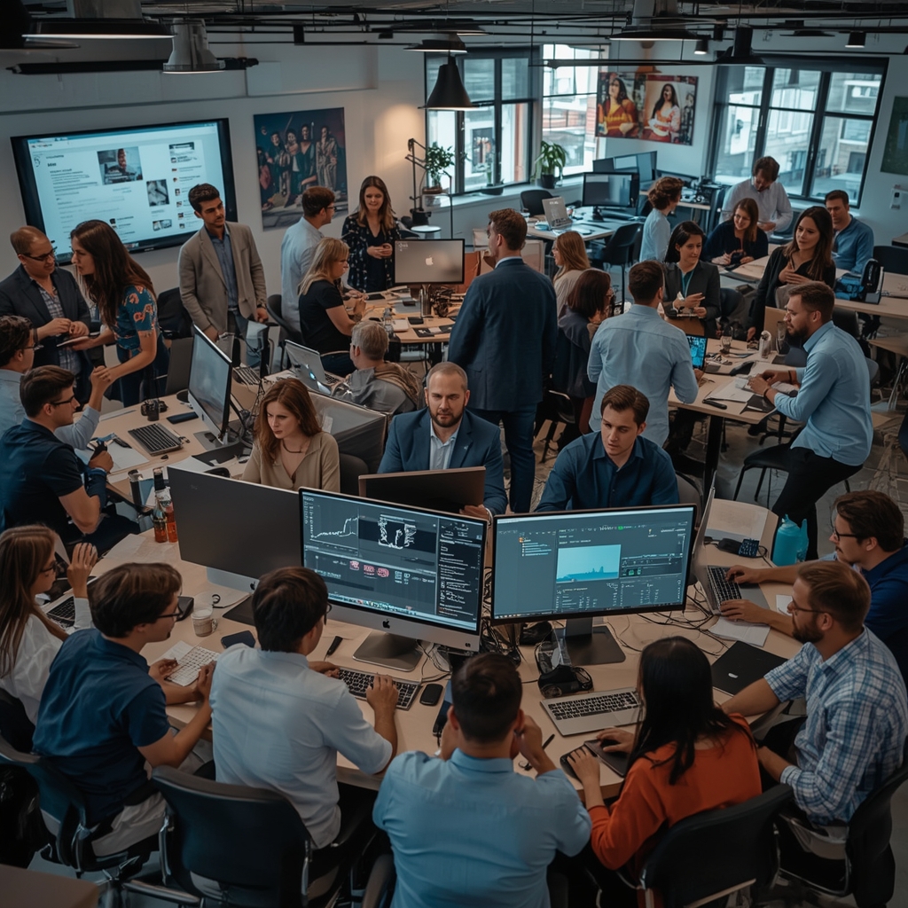 A bustling creative studio filled with diverse content creators and marketers brainstorming around high-tech digital displays, showcasing AI-driven video analytics and personalized content streams, vibrant and modern ambiance