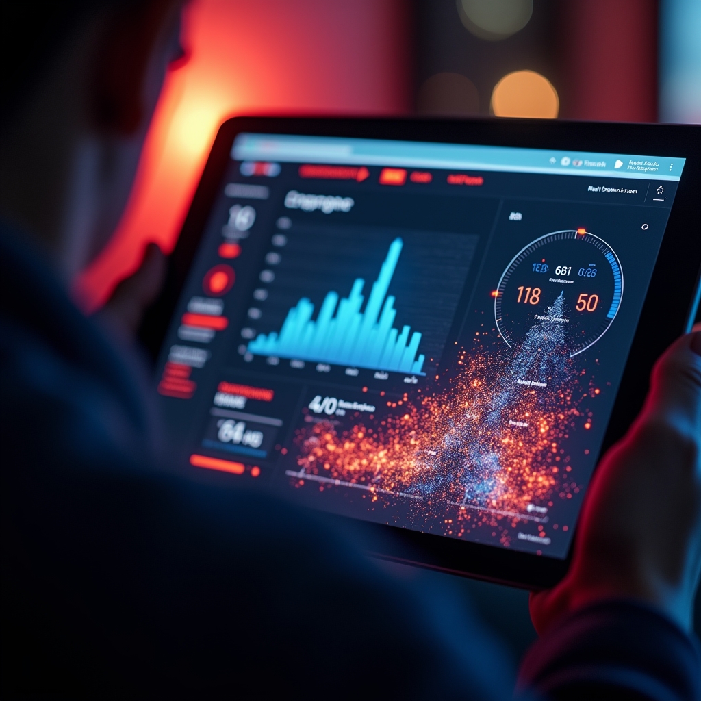 mastering - An AI dashboard displaying real-time engagement statistics and heat maps over a video being watched on a tablet,