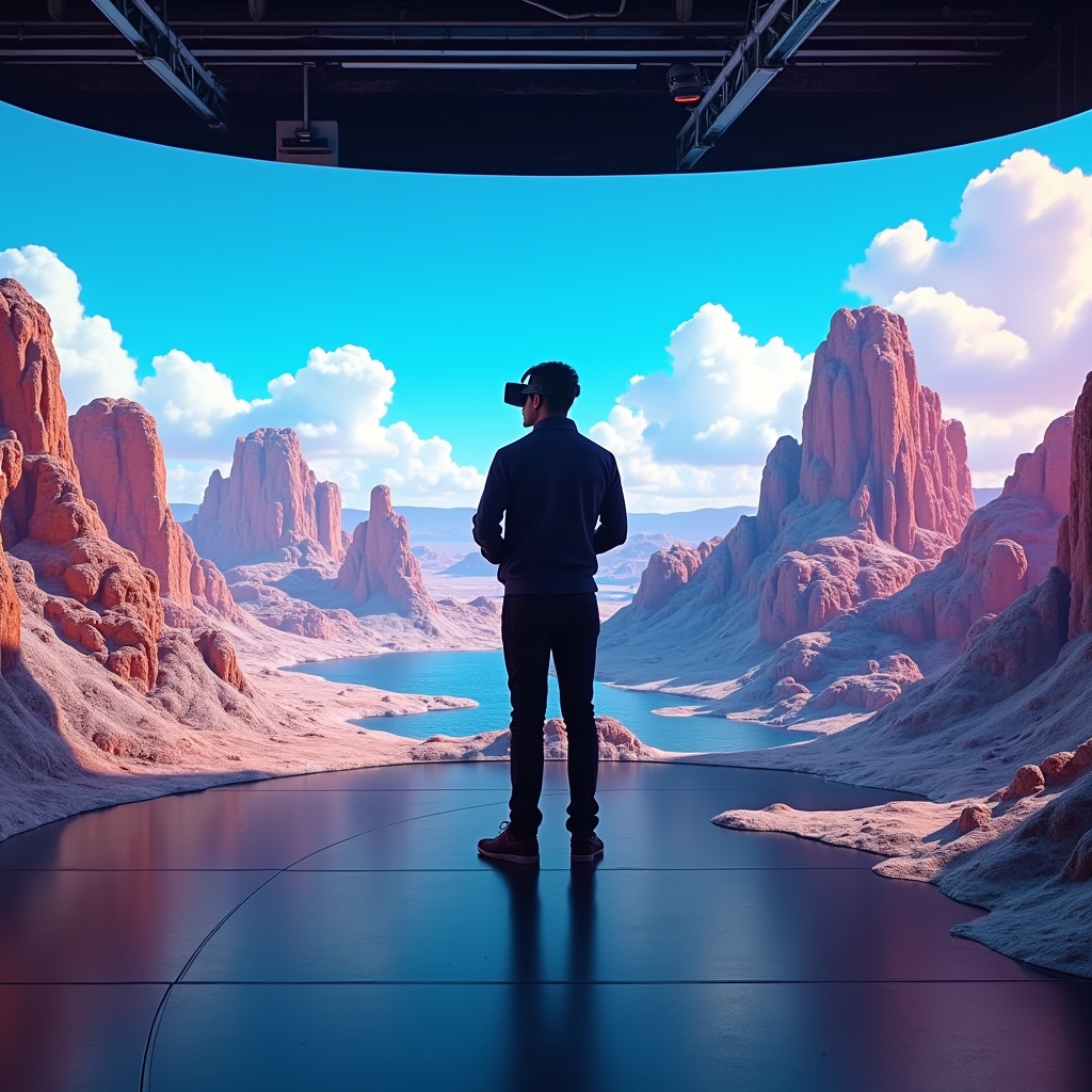 mastering - Futuristic virtual reality setup with a user engaging in a highly immersive brand experience, virtual landscapes