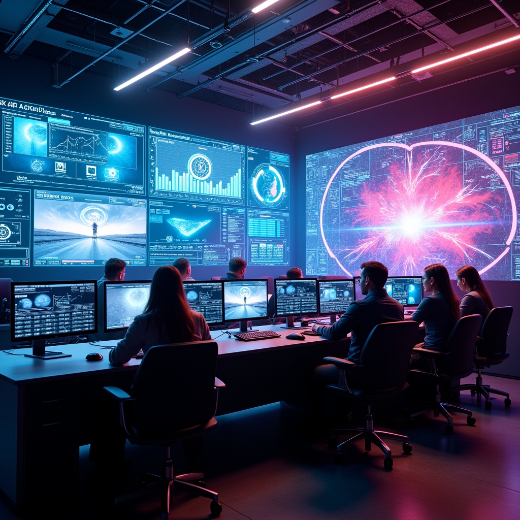 futuristic control room with large screens displaying AI video production analytics, vibrant colors, a team of diverse professionals engaged in monitoring and adjusting parameters, high-tech environment, ultra-realistic, dynamic lighting