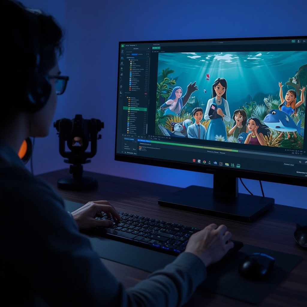 unlocking - animated video being crafted using Cineocean AI, showing split screen of AI interface and resultant video, modern