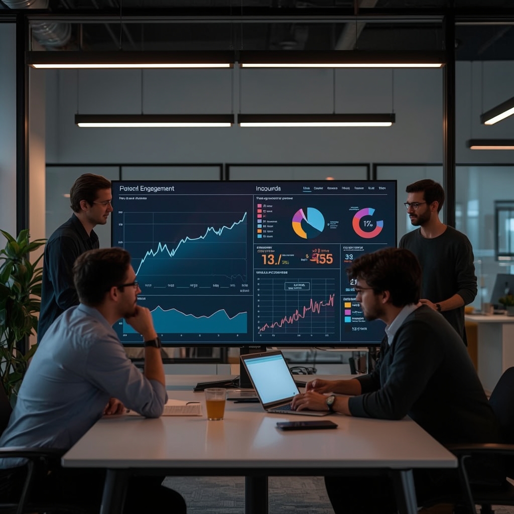 A digital marketing team analyzing data on a large interactive display showing graphs of viewer engagement increasing due to personalized video content, modern, high-tech office environment, vibrant colors