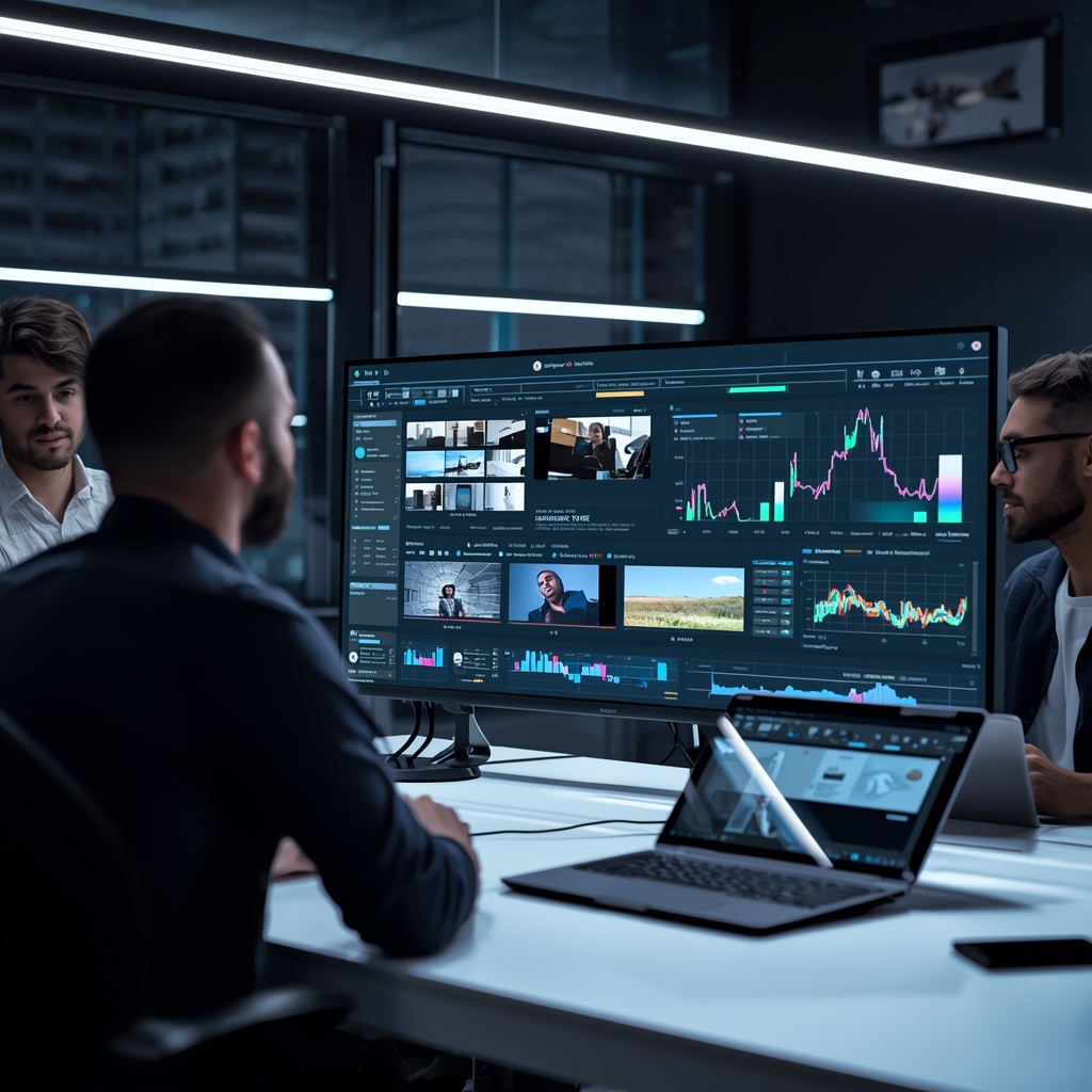 unlocking - Creative team brainstorming around a futuristic AI interface displaying multiple video editing options and data a