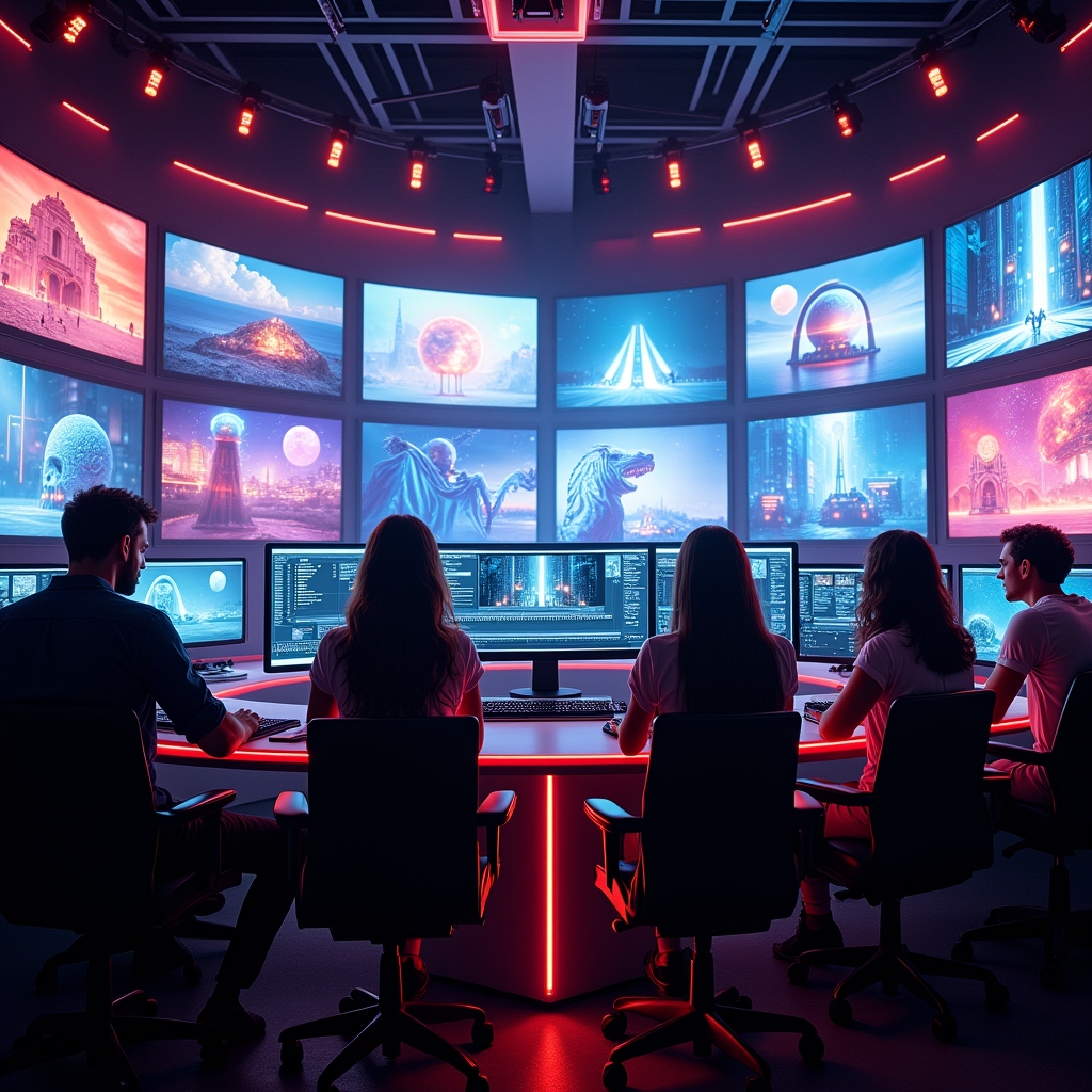 futuristic digital content creation studio with multiple screens displaying AI-generated videos, a diverse team of creators using advanced editing tools, vibrant colors, high-tech ambiance
