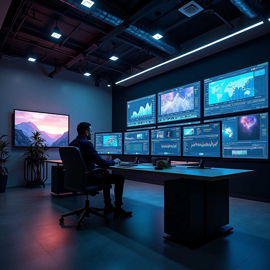 unlock - AI-assisted video editing suite showing real-time analytics and automated editing tools, modern sleek design, screen