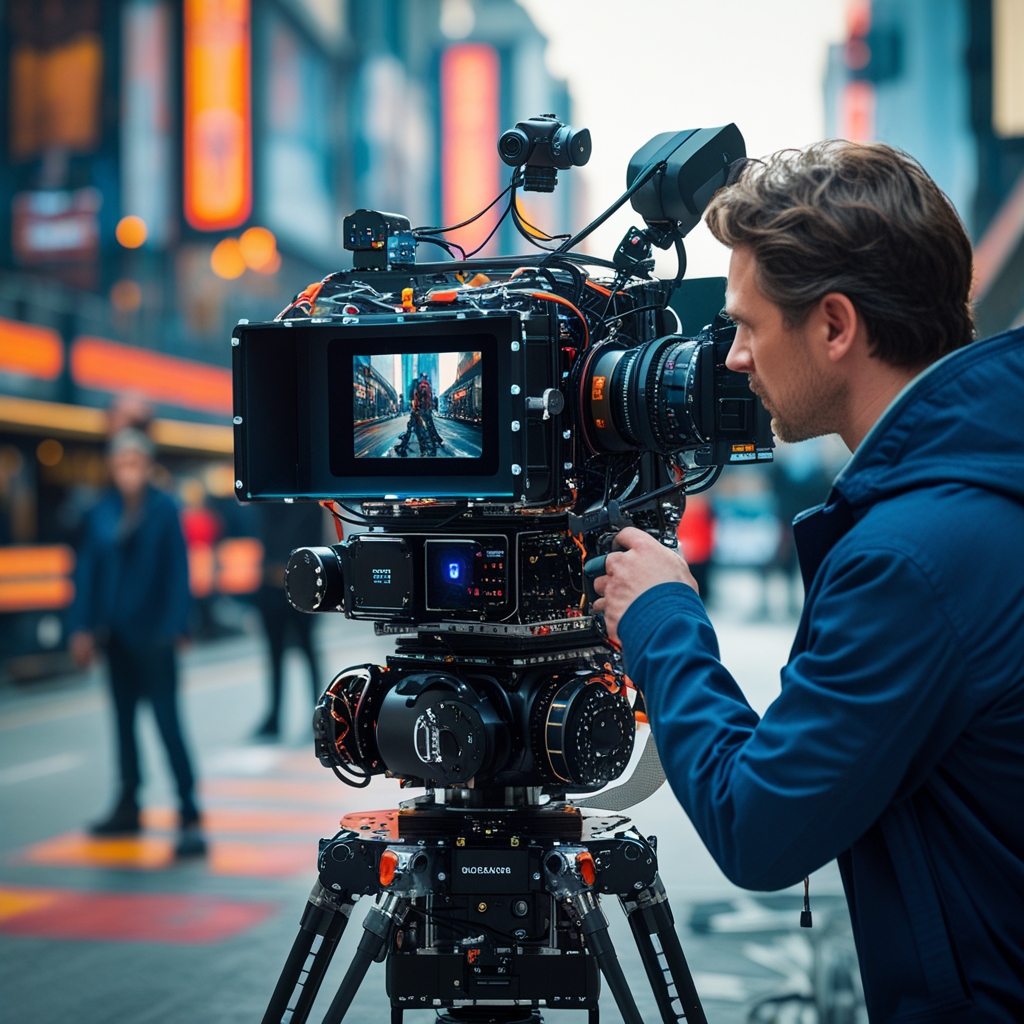 unlock - high-tech AI camera autonomously capturing a dynamic film scene, featuring advanced robotics and integrated AI syste