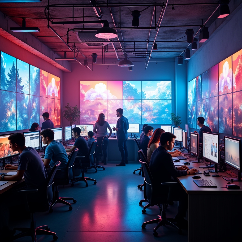 A bustling creative studio in 2026, filled with screens displaying AI-generated videos, diverse team members collaborating intensely, vibrant colors, high-energy, modern technology, ultra-realistic, 8k quality
