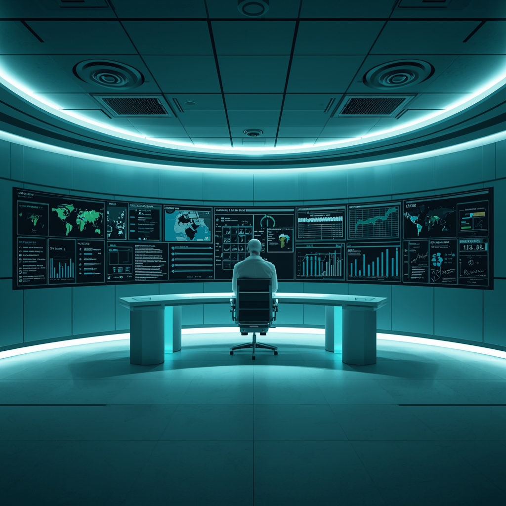 unleashing - Futuristic control room monitoring sustainable AI operations, featuring large digital screens displaying data an