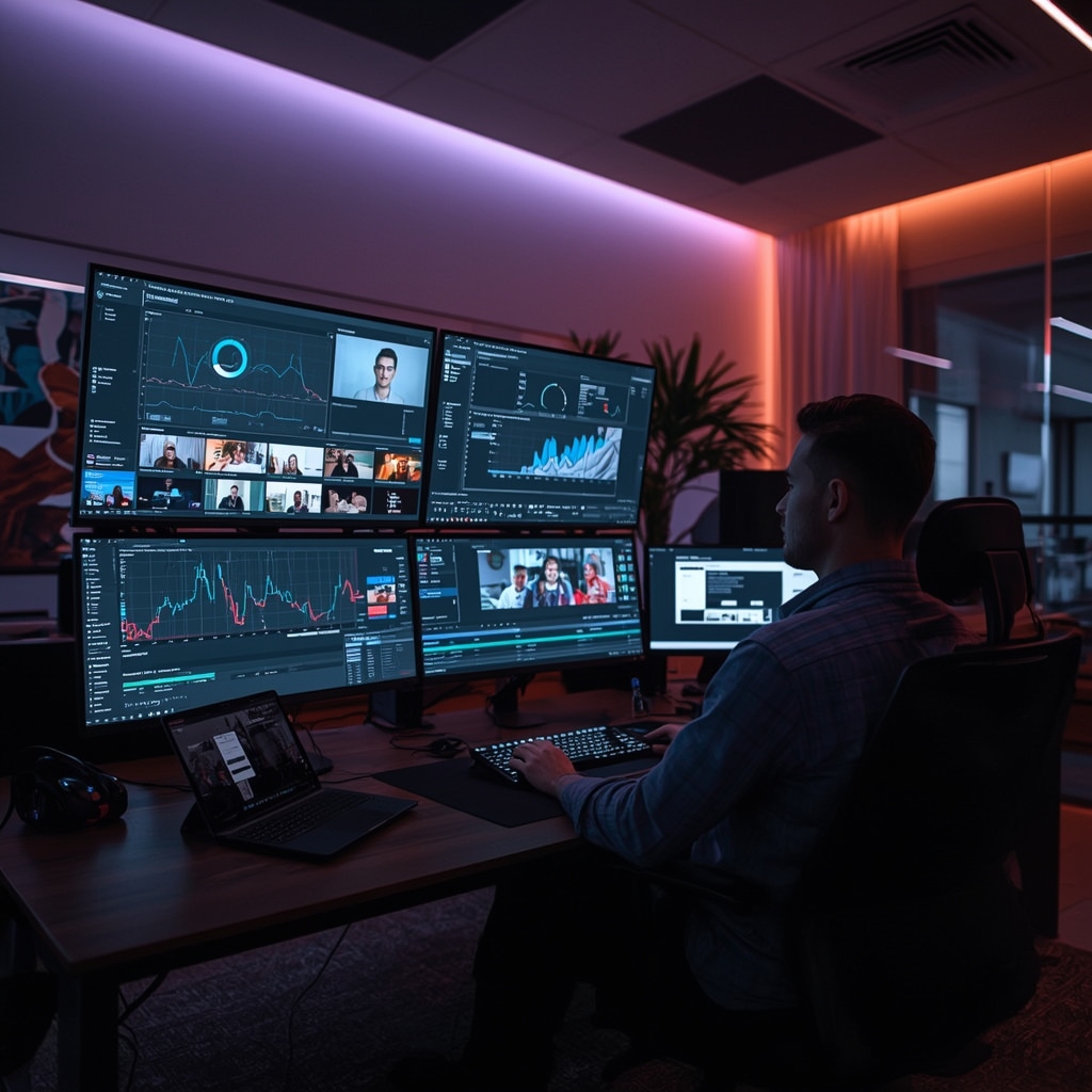 A high-tech video editing suite showcasing AI tools in action, with multiple screens displaying data analytics and personalized video content, in a modern, sleek office environment with ambient lighting and futuristic design elements